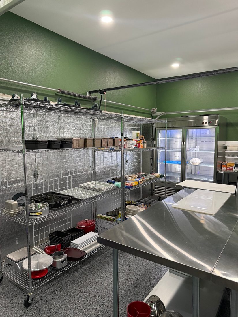 Bakehouse preparation table, baking pans and ingredient storage