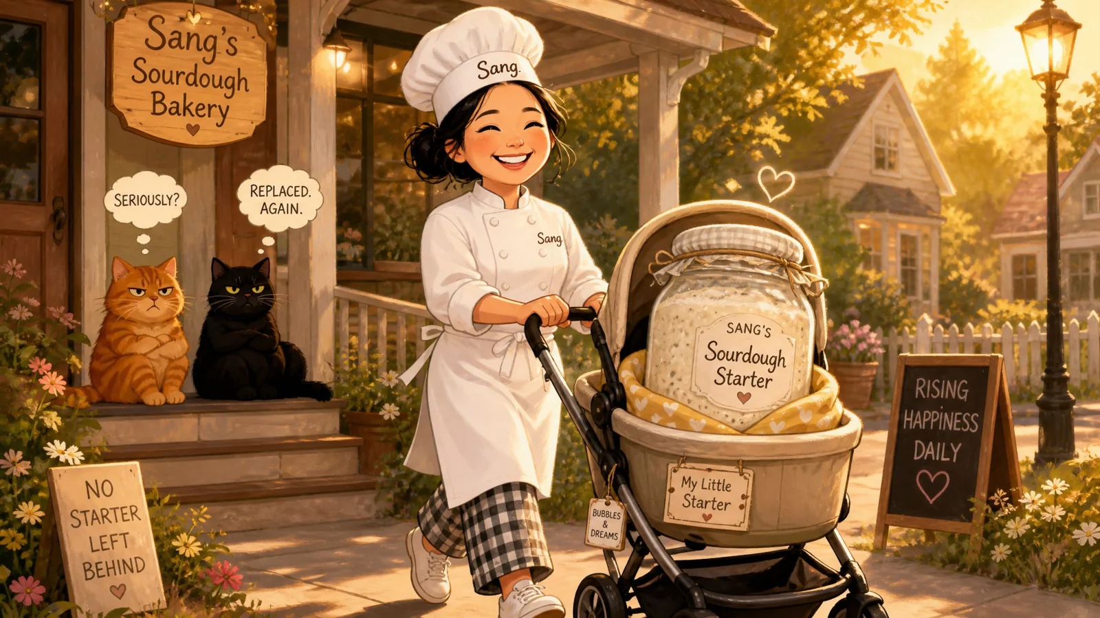Playful illustration of Chef Sang pushing a sourdough starter in a stroller while her two cats look on.